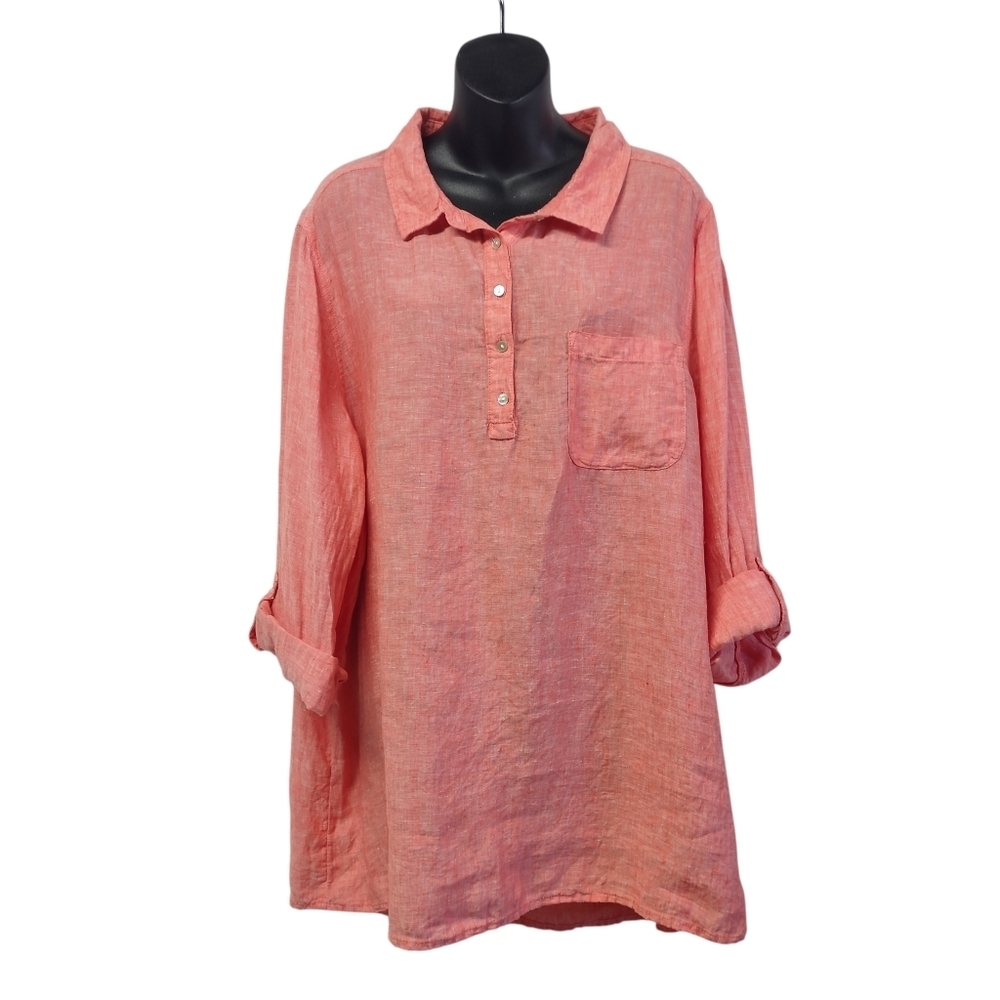 Jones & Co Jones New York Womens Top 2X Pink Coral Linen Roll-up Tab Sleeve